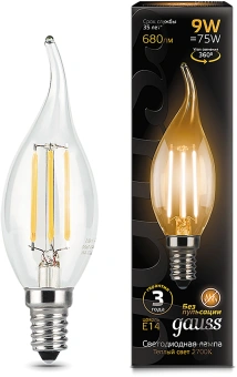 Лампа светодиодная Gauss Filament 9Вт цок.:E14 свеча 220B св.свеч.бел.теп. CF35 (упак.:10шт) (104801109) - купить недорого с доставкой в интернет-магазине