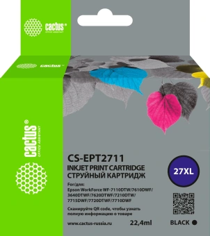 Картридж струйный Cactus CS-EPT2711 27XL черный (22.4мл) для Epson WorkForce WF-3620/3640/7110/7210 с чипом - купить недорого с доставкой в интернет-магазине