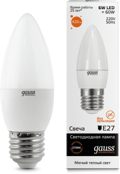 Лампа светодиодная Gauss Elementary 6Вт цок.:E27 свеча 220B 2700K св.свеч.бел.теп. С35 (упак.:1шт) (33216) - купить недорого с доставкой в интернет-магазине