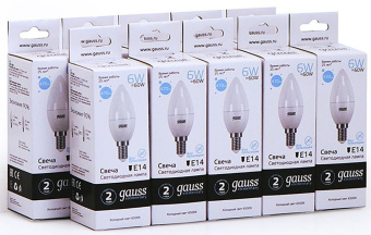 Лампа светодиодная Gauss Elementary 6Вт цок.:E14 свеча 220B 6500K св.свеч.бел.хол. C37 (упак.:10шт) (33136) - купить недорого с доставкой в интернет-магазине