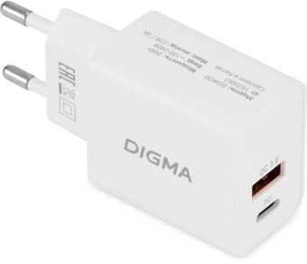 Сетевое зар./устр. Digma DGW2D 20W 3A+3A (PD+QC) USB-C/USB-A универсальное/белый (DGW2D0F110WH) - купить недорого с доставкой в интернет-магазине