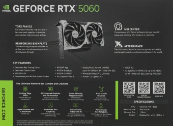 Видеокарта MSI PCI-E 5.0 RTX 5060 8G VENTUS 2X OC NVIDIA GeForce RTX 5060 8Gb 128bit GDDR7 2527/28000 HDMIx1 DPx3 HDCP Ret - купить недорого с доставкой в интернет-магазине