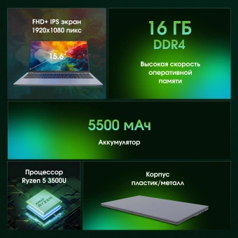 Ноутбук Digma Pro Cursus Ryzen 5 3500U 16Gb SSD512Gb AMD Radeon Vega 8 15.6" IPS FHD (1920x1080) Windows 11 Pro grey WiFi BT Cam 5500mAh (DN15R5-ADXW10) - купить недорого с доставкой в интернет-магазине