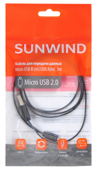 Кабель SunWind USB (m)-micro USB (m) 1м черный плоский - купить недорого с доставкой в интернет-магазине