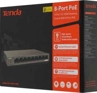 Коммутатор Tenda TEF1109P-8-63W 9x100Мбит/с 8PoE 58W неуправляемый - купить недорого с доставкой в интернет-магазине