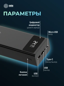 Мобильный аккумулятор Cactus CS-PBFSKA-30000 30000mAh 22.5W 4.5A USB-A/USB-C черный - купить недорого с доставкой в интернет-магазине