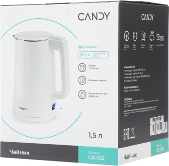 Чайник электрический Candy CK-102 1.5л. 2200Вт белый корпус: нерж.сталь/пластик - купить недорого с доставкой в интернет-магазине