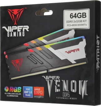Память DDR5 2x32GB 6000MHz Patriot PVVR564G600C30K Viper Venom RGB RTL Gaming PC5-48000 CL30 DIMM 288-pin 1.45В kit с радиатором Ret - купить недорого с доставкой в интернет-магазине