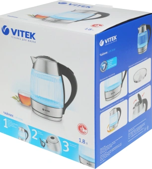 Чайник электрический Vitek VT-7030 1.8л. 2200Вт черный/серебристый корпус: стекло - купить недорого с доставкой в интернет-магазине