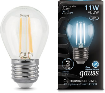 Лампа светодиодная Gauss Filament 11Вт цок.:E27 шар 220B 4100K св.свеч.бел.нейт. (упак.:1шт) (105802211) - купить недорого с доставкой в интернет-магазине