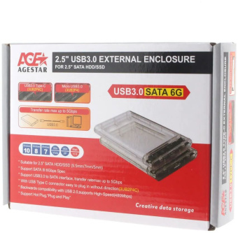 Внешний корпус для HDD/SSD AgeStar 3UB2P4C SATA III USB3.0 пластик прозрачный 2.5" - купить недорого с доставкой в интернет-магазине