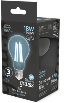 Лампа филам. Gauss Filament 18Вт цок.:E27 груша св.свеч.бел.нейт. (упак.:10шт) (102902218) - купить недорого с доставкой в интернет-магазине