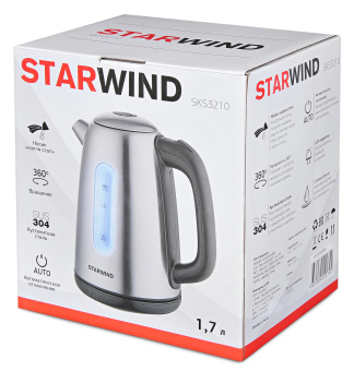 Чайник электрический Starwind SKS3210 1.7л. 2200Вт серебристый/черный корпус: металл/пластик - купить недорого с доставкой в интернет-магазине