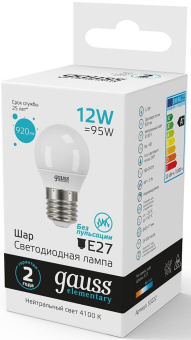 Лампа светодиодная Gauss Elementary 12Вт цок.:E27 шар 220B св.свеч.бел.нейт. (упак.:10шт) (53222) - купить недорого с доставкой в интернет-магазине
