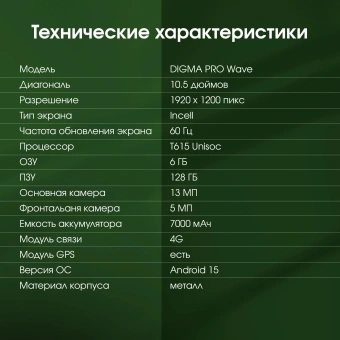 Планшет Digma Pro Wave T615 (1.8) 8C RAM6Gb ROM128Gb 10.5" In-Cell 1920x1200 4G Android 15 серый 13Mpix 5Mpix BT WiFi microSD 7000mAh - купить недорого с доставкой в интернет-магазине