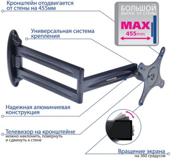 Кронштейн для телевизора Kromax TECHNO-11 черный 10"-32" макс.15кг настенный поворот и наклон - купить недорого с доставкой в интернет-магазине