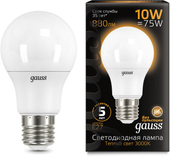 Лампа светодиодная Gauss A60 10Вт цок.:E27 шар 220B 3000K св.свеч.бел.теп. A60 (упак.:10шт) (102502110) - купить недорого с доставкой в интернет-магазине