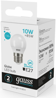 Лампа светодиодная Gauss Elementary 10Вт цок.:E27 шар 220B св.свеч.бел.нейт. (упак.:10шт) (53220) - купить недорого с доставкой в интернет-магазине
