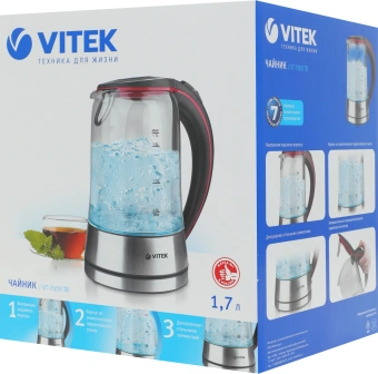 Чайник электрический Vitek VT-7009 1.7л. 2200Вт прозрачный корпус: стекло - купить недорого с доставкой в интернет-магазине