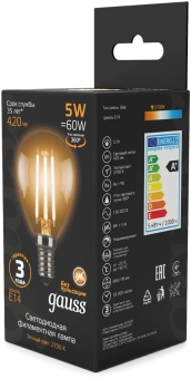 Лампа филам. Gauss Filament 5Вт цок.:E14 свеча 220B св.свеч.бел.теп. (упак.:10шт) (105801105) - купить недорого с доставкой в интернет-магазине