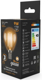 Лампа филам. Gauss Filament 9Вт цок.:E14 шар 220B 2700K св.свеч.бел.теп. (упак.:10шт) (105801109) - купить недорого с доставкой в интернет-магазине
