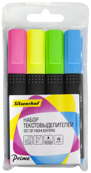 Набор текстовыделителей Silwerhof Prime+ скошенный пиш. наконечник 1-4мм 4цв. ассорти/голубой пакет с европодвесом (4шт.) - купить недорого с доставкой в интернет-магазине