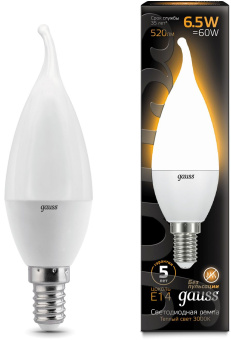 Лампа светодиодная Gauss 6.5Вт цок.:E14 свеча 220B 3000K св.свеч.бел.теп. (упак.:10шт) (104101107) - купить недорого с доставкой в интернет-магазине