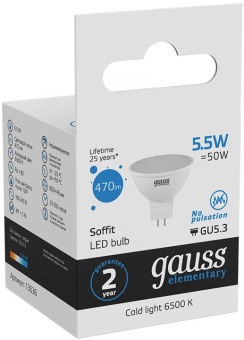 Лампа светодиодная Gauss Elementary MR16 6Вт цок.:GU5.3 спот 220B 6500K св.свеч.бел.хол. MR16 (упак.:10шт) (13536) - купить недорого с доставкой в интернет-магазине