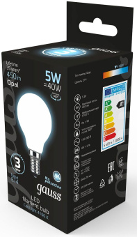 Лампа светодиодная Gauss Filament 5Вт цок.:E14 шар 220B св.свеч.бел.нейт. (упак.:1шт) (105201205) - купить недорого с доставкой в интернет-магазине