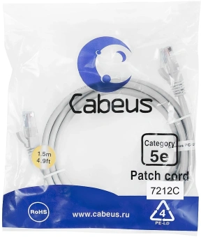 Патч-корд Cabeus PC-UTP-RJ45-CAT.5E-1.5M U/UTP RJ-45 вил.-вилка RJ-45 кат.5E 1.5м серый ПВХ - купить недорого с доставкой в интернет-магазине