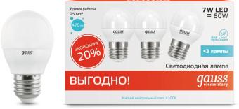 Лампа светодиодная Gauss Elementary 7Вт цок.:E27 шар 220B 4100K св.свеч.бел.ней. (упак.:3шт) (53227T) - купить недорого с доставкой в интернет-магазине