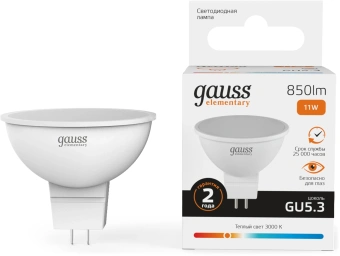 Лампа светодиодная Gauss Elementary 13511 11Вт цок.:GU5.3 софит 180B св.свеч.бел.теп. MR16 (упак.:10шт) - купить недорого с доставкой в интернет-магазине