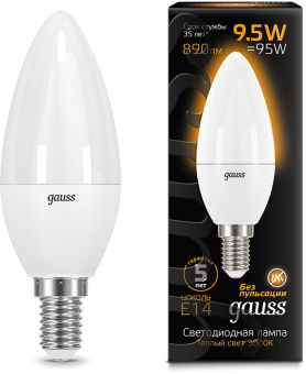 Лампа светодиодная Gauss A60 9.5Вт цок.:E14 свеча 220B 3000K св.свеч.бел.теп. C37 (упак.:10шт) (103101110) - купить недорого с доставкой в интернет-магазине