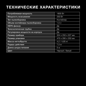 Пылесос Hyundai HYV-C1995 1800Вт белый/черный - купить недорого с доставкой в интернет-магазине