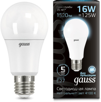 Лампа светодиодная Gauss A60 16Вт цок.:E27 груша 220B 4100K св.свеч.бел.нейт. (упак.:1шт) (102502216) - купить недорого с доставкой в интернет-магазине