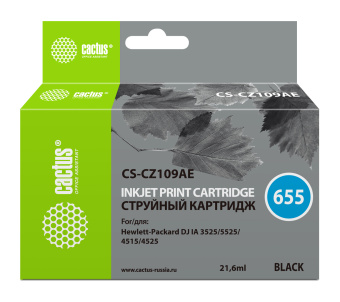 Картридж струйный Cactus CS-CZ109AE №655 черный пигментный (21.6мл) для HP DJ IA 3525/5525/4525 - купить недорого с доставкой в интернет-магазине