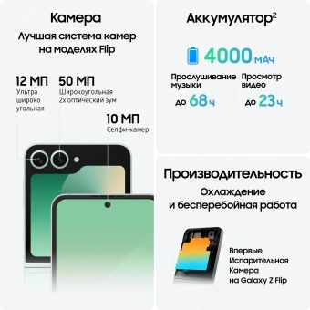Смартфон Samsung SM-F741B Galaxy Z Flip 6 5G 256Gb 12Gb мятный раскладной 3G 4G 1Sim 6.7" 1080x2640 Android 14 50Mpix 802.11 a/b/g/n/ac/ax NFC GPS GSM900/1800 GSM1900 TouchSc Protect - купить недорого с доставкой в интернет-магазине