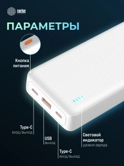 Мобильный аккумулятор Cactus CS-PBFSEA-20000 20000mAh 22.5W 4.5A USB-A/2xUSB-C белый - купить недорого с доставкой в интернет-магазине
