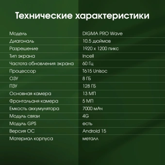 Планшет Digma Pro Wave T615 (1.8) 8C RAM8Gb ROM128Gb 10.5" In-Cell 1920x1200 4G Android 15 серый 13Mpix 5Mpix BT WiFi microSD 7000mAh - купить недорого с доставкой в интернет-магазине