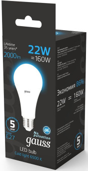 Лампа светодиодная Gauss 102502322 22Вт цок.:E27 груша 220B 6500K св.свеч.бел.хол. (упак.:1шт) - купить недорого с доставкой в интернет-магазине