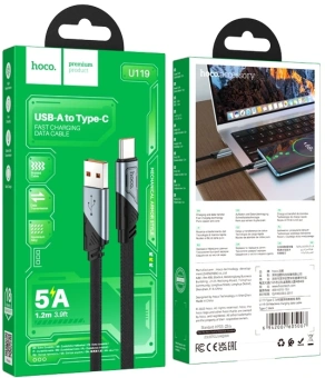 Кабель Hoco U119 5A Machine charging data cable Type-C 05007 USB-A-USB Type-C (m) 1.2м черный - купить недорого с доставкой в интернет-магазине