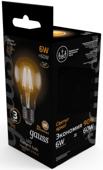 Лампа филам. Gauss 6Вт цок.:E27 шар 220B св.свеч.бел.теп. A60 (упак.:10шт) (102802106) - купить недорого с доставкой в интернет-магазине