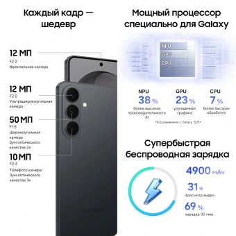 Смартфон Samsung SM-S947B Galaxy S26+ 512Gb 12Gb черный моноблок 3G 4G 2Sim 6.7" 1440x3120 Android 16 50Mpix 802.11 a/b/g/n/ac/ax/be NFC GPS GSM900/1800 GSM1900 Protect - купить недорого с доставкой в интернет-магазине