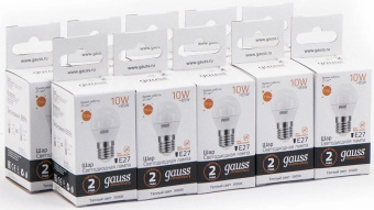 Лампа светодиодная Gauss Elementary 10Вт цок.:E27 шар 220B 3000K св.свеч.бел.теп. (упак.:10шт) (53210) - купить недорого с доставкой в интернет-магазине