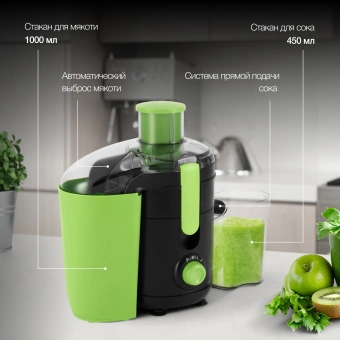 Соковыжималка центробежная Hyundai HY-JE1625 500Вт рез.сок.:450мл. черный/зеленый - купить недорого с доставкой в интернет-магазине