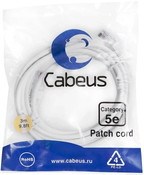 Патч-корд Cabeus PC-UTP-RJ45-CAT.5E-3M-WH-LSZH U/UTP RJ-45 вил.-вилка RJ-45 кат.5E 3м белый LSZH - купить недорого с доставкой в интернет-магазине