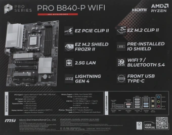 Материнская плата MSI PRO B840-P WIFI Socket AM5 AMD B840 4xDDR5 ATX AC`97 8ch(7.1) 2.5Gg RAID+HDMI - купить недорого с доставкой в интернет-магазине