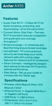 Роутер беспроводной TP-Link Archer AX55 AX3000 10/100/1000BASE-TX/4G ready черный - купить недорого с доставкой в интернет-магазине