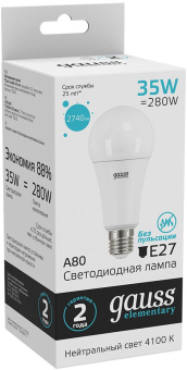 Лампа светодиодная Gauss Elementary A67 35Вт цок.:E27 груша 220B 4100K св.свеч.бел.нейт. А67 (упак.:1шт) (70225) - купить недорого с доставкой в интернет-магазине