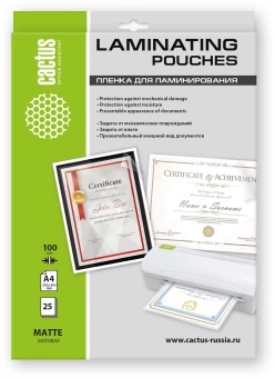 Пленка для ламинирования Cactus 100мкм A4 (25шт) матовая 216x303мм CS-LPMА410025 - купить недорого с доставкой в интернет-магазине